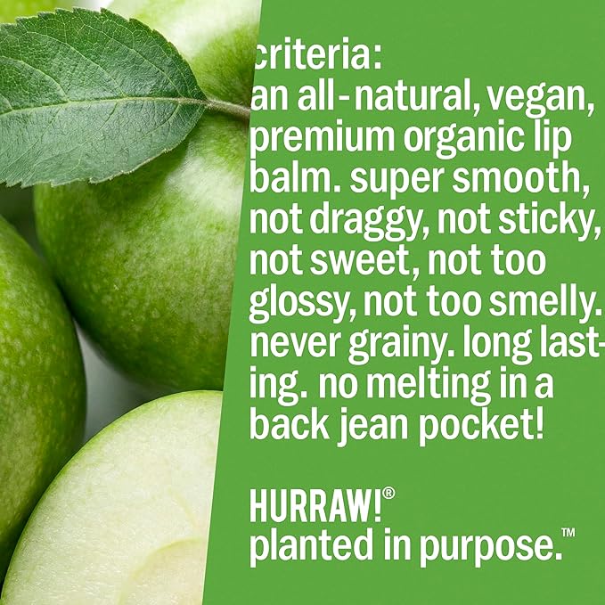 Hurraw! Apple Lip Balm: Organic, Certified Vegan, Cruelty and Gluten Free. Non-GMO, 100% Natural Ingredients. Bee, Shea, Soy and Palm Free. Made in USA