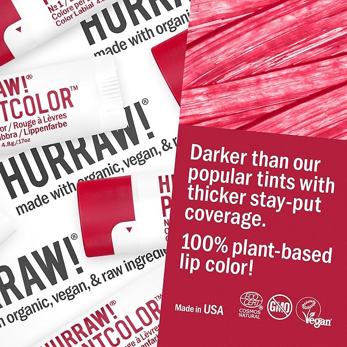 Hurraw! Plantcolor Lip Color No. 1: Red shade. Highly pigmented tinted balm and lipstick alternative. Vegan and all-natural. Easy application. Buildable. First of its kind. Made in USA