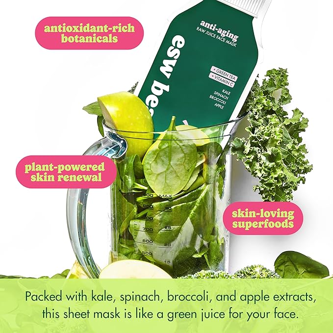 ESW Beauty Green Reset - Anti-Aging Raw Juice Face Mask - Revitalizing with Kale, Spinach, Broccoli & Apple for Mature Skin - Boosts Collagen & Reduces Wrinkles