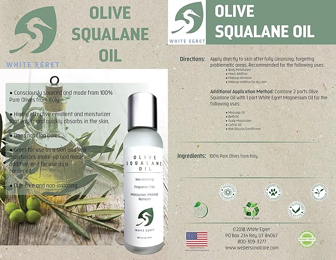 White Egret Olive Squalane Oil with Non-Irritating and Fragrance Free Attributes That Moisturizes and Removes Makeup, 2 fl. oz