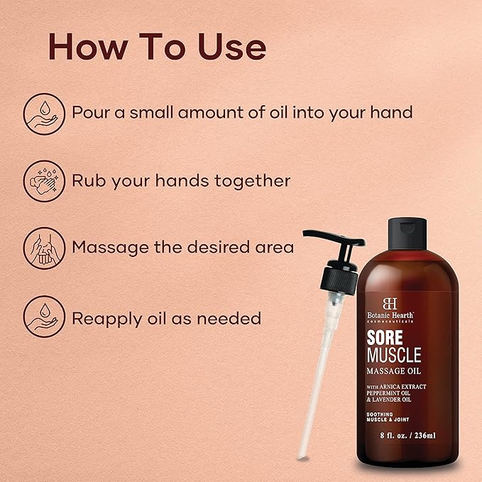 Botanic Hearth Soremuscle Massage Oil 8 Fl Oz| Refreshing, Relaxing Massage Oils for Muscle Relaxing & Joint Comfort | Made with Natural Oils | for All Skin Types, for Men & Women