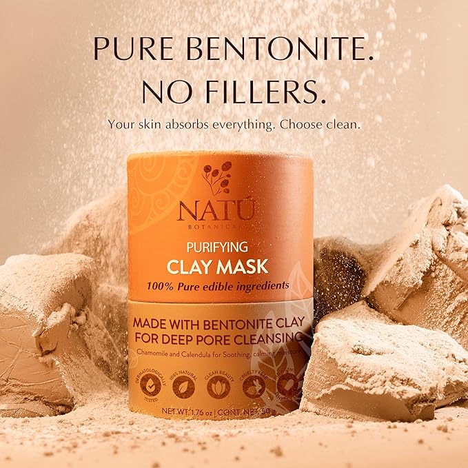 NATÚ BOTANICALS Purifying Bentonite Clay Mask – Deep Pore Cleansing, Clarifying & Soothing Formula for Oily & Combination Skin – Natural, Vegan & Cruelty-Free
