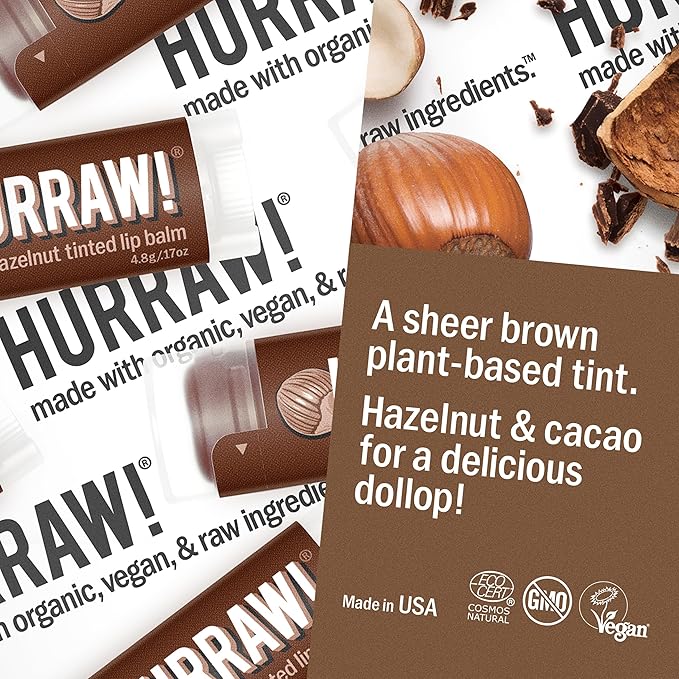 Hurraw! Hazelnut Tinted Lip Balm: (Sheer Brown Tint) Organic, Certified Vegan, Cruelty and Gluten Free. Non-GMO, 100% Natural Ingredients. Bee, Shea, Soy and Palm Free. Made in USA