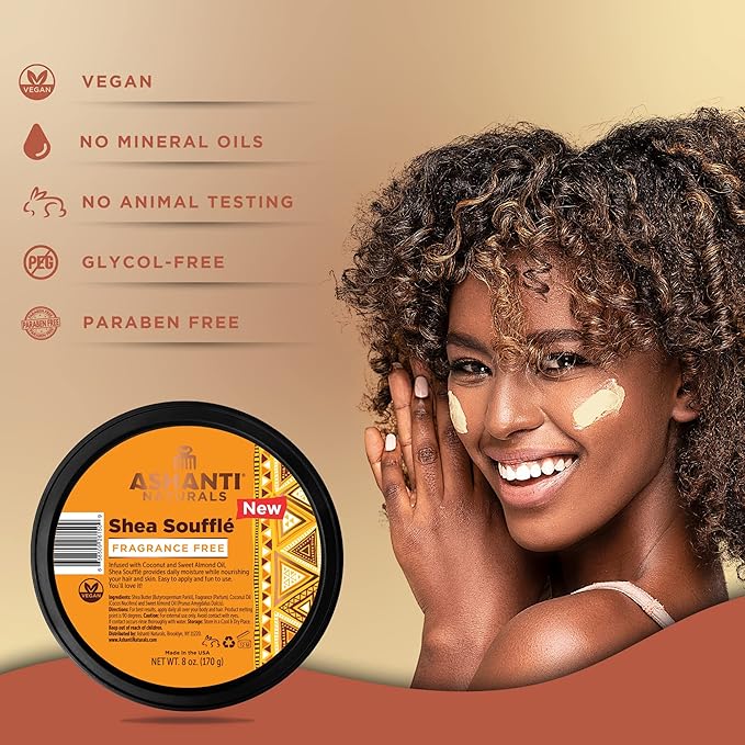 Ashanti Naturals Whipped Shea Butter | Unrefined Shea Butter from Ghana, Coconut and Almond Oil (Fragrance Free Souffle, 8 oz)