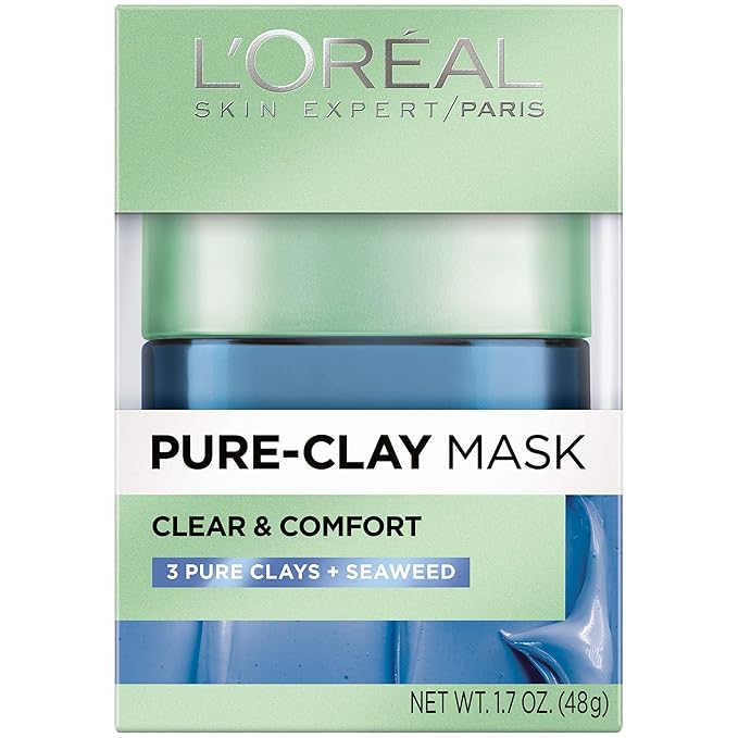 L’Oréal Paris Pure-Clay Mask Skincare Pure-Clay Face Mask with Seaweed for Redness and Imperfections to Clear & Comfort, 1.7 oz.