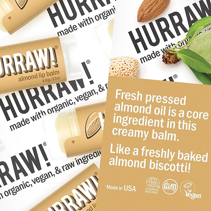 Hurraw! Almond Lip Balm, 2 Pack: Organic, Certified Vegan, Cruelty and Gluten Free. Non-GMO, 100% Natural Ingredients. Bee, Shea, Soy and Palm Free. Made in USA