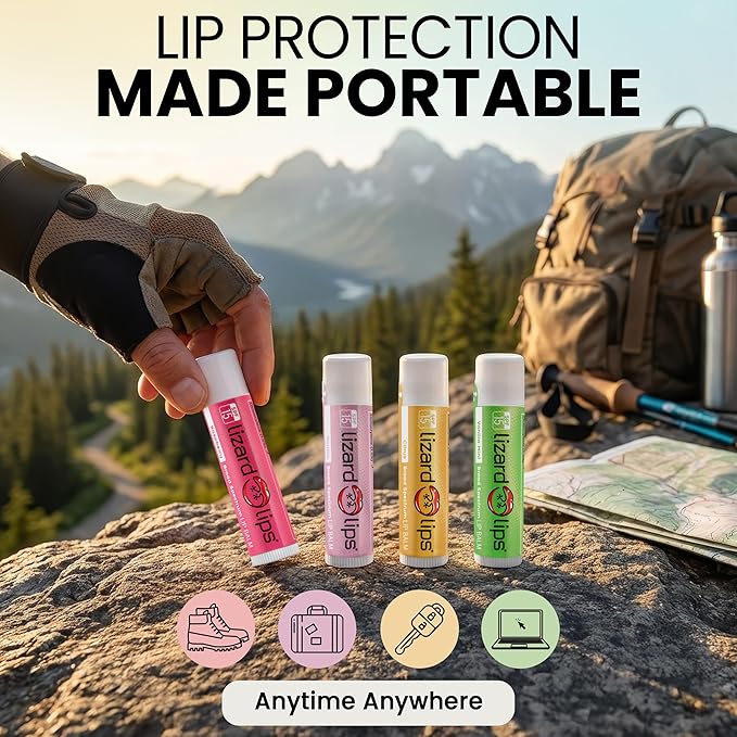 LizardLips Lip Balm SPF 15; Variety Pack of 4 Vanilla, Vanilla Mint, Raspberry, Citrus, Natural Hydrating Moisturizing Lip Sunscreen, Fun Quirky Beach Vacation Essentials