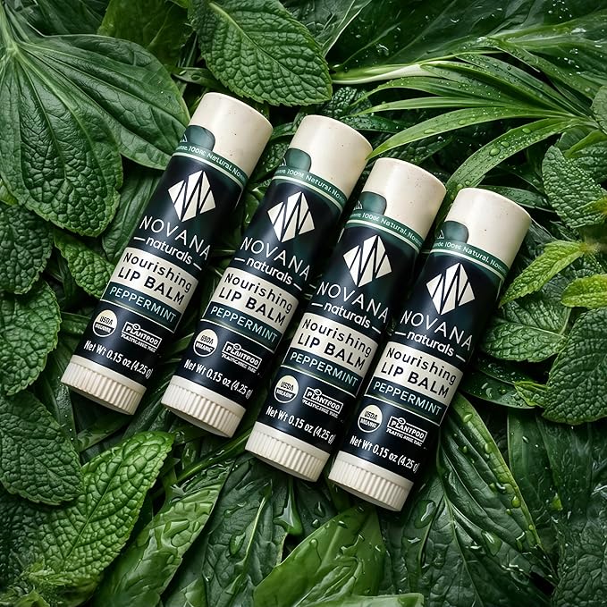 Organic Lip Balm – 100% Natural Origin, Plastic-Free Tube – Long-Lasting Hydration, No Waxy Texture – 4 Pack Peppermint | Novana Naturals