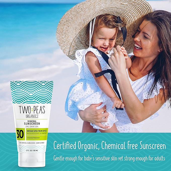 Two Peas Organics Mineral Sunscreen SPF 30 Lotion, Non-Nano Zinc, Reef Safe, Baby & Family Sensitive Skin, Water-Resistant 80 Min, Unscented, Organic & Cruelty Free, 3 oz Twin Pack
