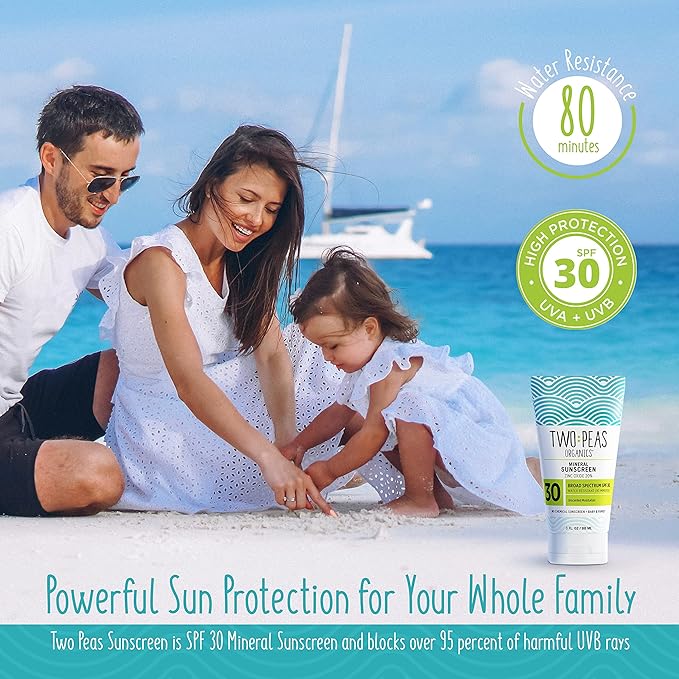 Two Peas Organics Mineral Sunscreen SPF 30 Lotion, Non-Nano Zinc, Reef Safe, Baby & Family Sensitive Skin, Water-Resistant 80 Min, Unscented, Organic & Cruelty Free, 3 oz Twin Pack