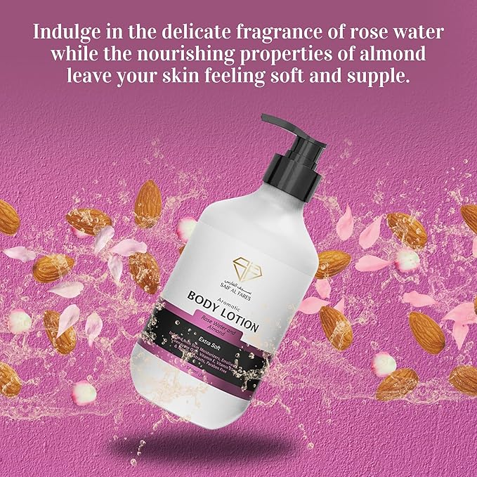 Saif Al Fares Rose Water & Almond Body Lotion – Moisturizing Hydrating Lotion for Dry Skin – Daily Moisturizer with Vitamin E & B5 Natural Skin Care Body Moisturizer Lotion for Women & Men, 500ml Pump