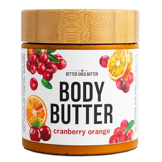 Cranberry Orange Body Butter with Raw Shea Butter and Jojoba Oil, Body Moisturizer for Dry Skin, Sweet Citrus Hydrating Lotion for Women and Men