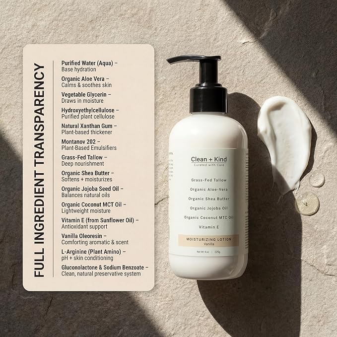 Daily Moisturizing Lotion – Tallow Body Lotion with Aloe Vera, Shea Butter, Jojoba Oil, MCT Oil & Vitamin E – Deep Hydration for Dry, Rough, Sensitive Skin (8 oz, Vanilla)