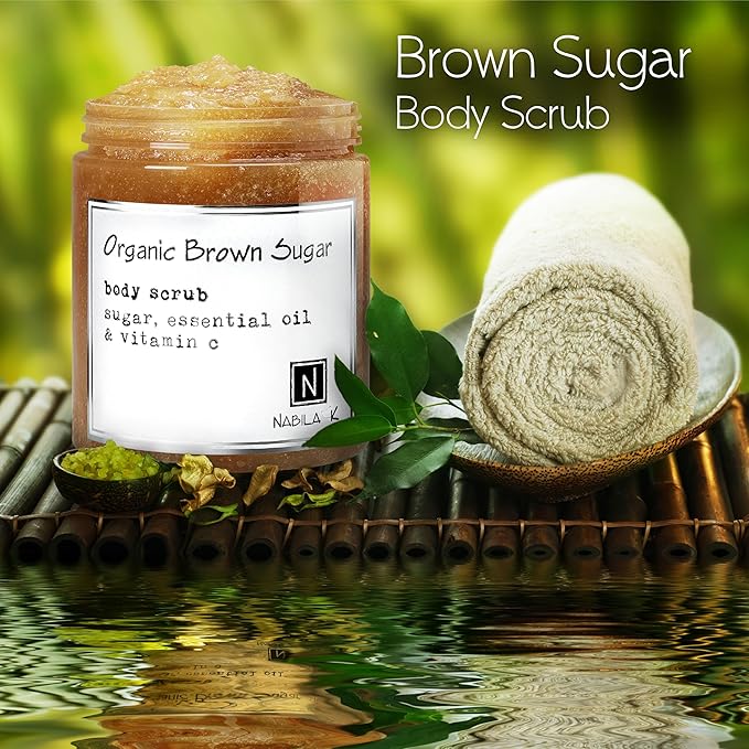 Organic Brown Sugar Body Scrub Made in USA with Essential Oil and Vitamin C by Nabila K - Exfoliate and Moisturize for Smooth Skin - Luxury for Women & Men, 10 oz