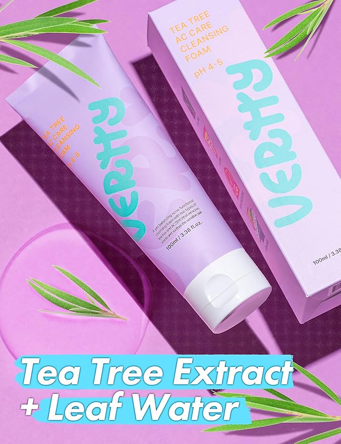 vertty Tea Tree Vegan Cleansing Foam | Daily Oil Control Cleanser | Hydro Boost Exfoliating, Moisturizing, Hydrating, Soothing Cleanser for Sensitive Skin | Teens & Kids Skin Care (3.38oz)