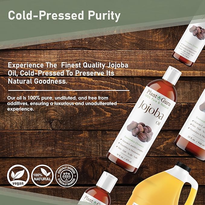 Plant Guru Jojoba Oil 4 fl. oz. Cold Pressed Unrefined - 100% Pure Natural Moisturizer For Skin, Body, Face And Hair Growth. Deeply Hydrating Carrier Oil For DIY Soap Making and Massage