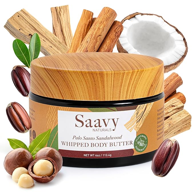 Saavy Naturals Whipped Body Butter - Made with Organic Shea Butter, Essential Body Care & Dry Skin Moisturizer for Women, Velvety Rich Cream Texture, Naturally Scented - Palo Santo Sandalwood, 4 oz