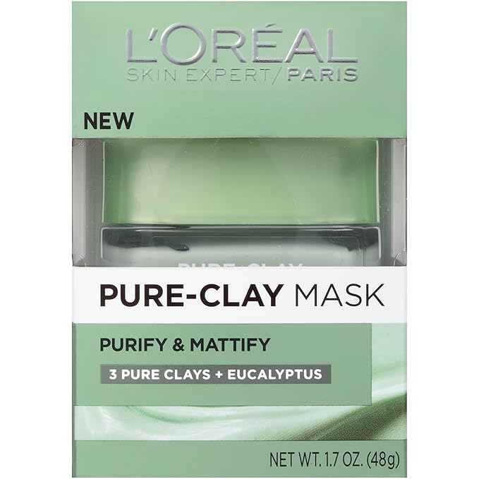 L'Oréal Paris Skincare Pure-Clay Face Mask with Eucalyptus for Oily and Shiny Skin to Purify and Matify, 1.7 Ounce (Pack of 1)