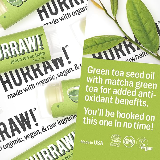 Hurraw! Green Tea Lip Balm, 3 Pack: Organic, Certified Vegan, Cruelty and Gluten Free. Non-GMO, 100% Natural Ingredients. Bee, Shea, Soy and Palm Free. Made in USA