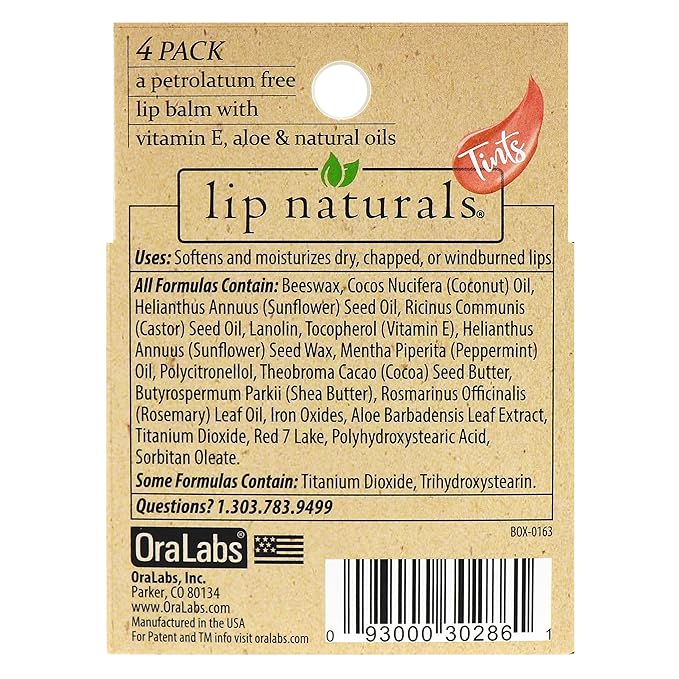 Lip Naturals Tinted Lip Balm 4 Pack of Assorted Colors with Beeswax, Coconut Oil, Vitamin E, and Aloe - Moisturizing Lip Care with a Smooth Mint Flavor