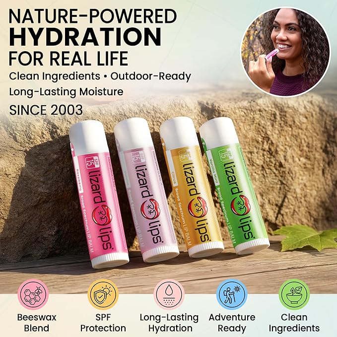 LizardLips Lip Balm SPF 15; Pack of 4 Vanilla Mint, Natural Hydrating Moisturizing Lip Sunscreen; Refreshing Minty Sweetness; Fun Quirky Beach Vacation Essentials