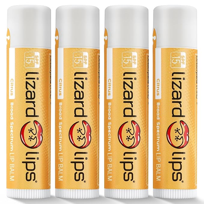 LizardLips Lip Balm SPF 15; Pack of 4 Citrus, Natural Hydrating Moisturizing Lip Sunscreen; Zesty Flavor; Fun Quirky Beach Vacation Essentials