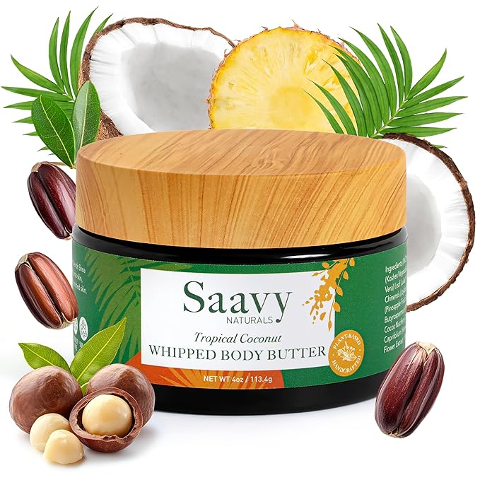 Saavy Naturals Whipped Body Butter - Made with Organic Shea Butter, Essential Body Care & Dry Skin Moisturizer for Women, Velvety Rich Cream Texture, Naturally Scented - Tropical Coconut, 4 oz