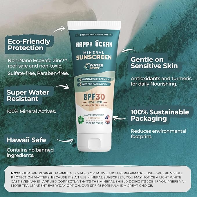 Happy Ocean SPF 30 Reef Friendly Sport Mineral Sunscreen for Face & Body, Non-Nano Zinc Oxide, Natural Organic Non Toxic Mineral Based Coral Reef Safe Sunscreen, Travel Size, Biodegradable 2.5 Fl Oz