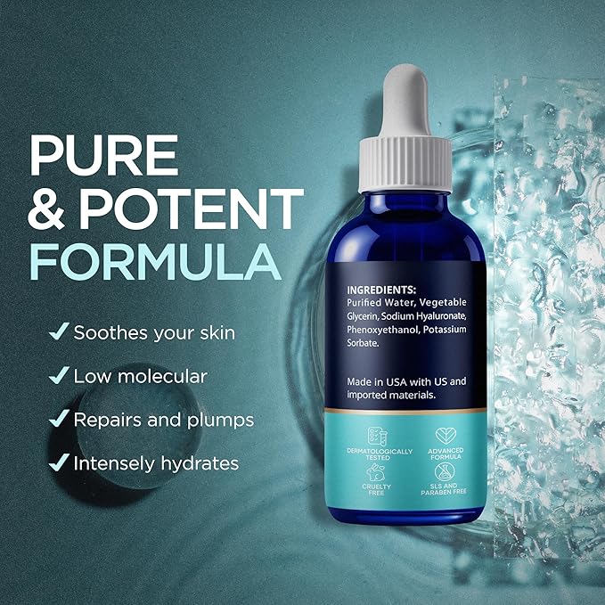 Hyaluronic Acid Serum for Face (2 Oz) for Skin and Lips - Hydrating & Moisturizing Serum for All Skin Types, Paraben-Free & Fragrance-Free