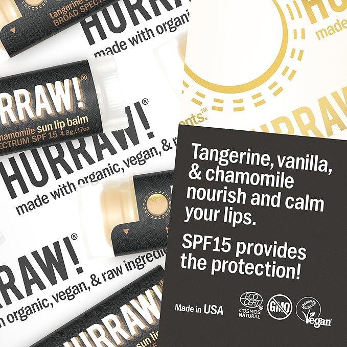 Hurraw! Sun Lip Balm (Zinc Oxide Protection, Broad Spectrum SPF 15, Tangerine, Chamomile), 3 Pack: Organic, Certified Vegan, Gluten Free. Non-GMO, All-Natural. Bee, Shea, Soy & Palm Free. Made in USA