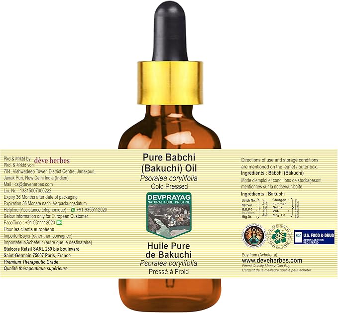 Babchi (Bakuchi) Oil (Psoralea corylifolia) with Glass Dropper | Cold Pressed | Pure | for Diluting Essential Oils | Skin & Massage | Non-Sticky | Lightweight | Unisex | 30ml (1 oz)