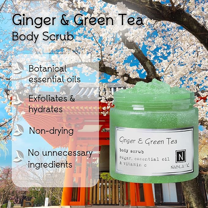 Ginger & Green Tea Body Scrub Made in USA with Essential Oil and Vitamin C by Nabila K - Exfoliate and Moisturize for Smooth Skin - Luxury for Women & Men, 3 oz