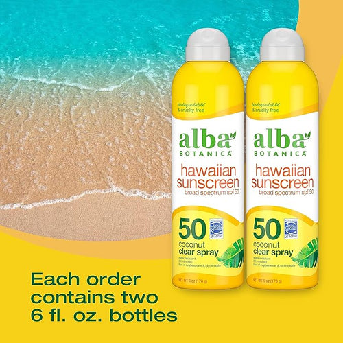 Alba Botanica Sunscreen Spray for Face and Body, Broad Spectrum SPF 50 Sunscreen, Hawaiian Coconut, Water Resistant and Biodegradable, 6 fl. oz. Bottle (Pack of 2)