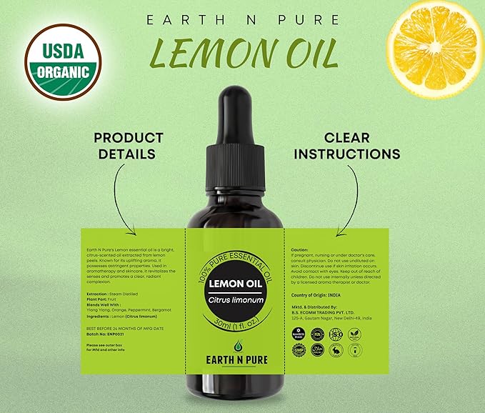 Earth N Pure Lemon Essential Oil for Revitalizing Care for Face, Scalp & Skin | 100 ML