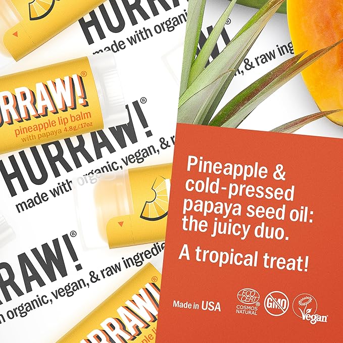 Hurraw! Pineapple Lip Balm: Organic, Certified Vegan, Cruelty and Gluten Free. Non-GMO, 100% Natural Ingredients. Bee, Shea, Soy and Palm Free. Made in USA