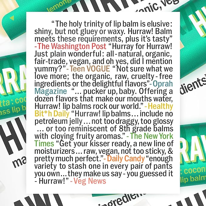 Hurraw! Coconut, Mint, Lemongrass (Pitta) Lip Balm: Organic, Certified Vegan, Cruelty and Gluten Free. Non-GMO, 100% Natural Ingredients. Bee, Shea, Soy and Palm Free. Made in USA