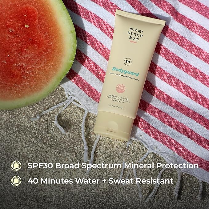 Miami Beach Bum, Bodyguard SPF30 UVA/UVB Silky & lightweight with a sheer, no‑white‑cast finish. Broccoli, aloe & algae, Fragrance‑free & gentle for sensitive skin 3.4oz