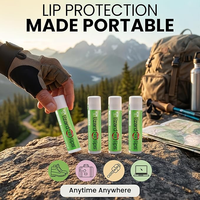 LizardLips Lip Balm SPF 15; Pack of 4 Vanilla Mint, Natural Hydrating Moisturizing Lip Sunscreen; Refreshing Minty Sweetness; Fun Quirky Beach Vacation Essentials