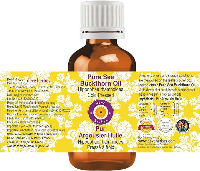 Deve Herbes Sea Buckthorn Oil (Hippophae rhamnoides) | Cold Pressed | Pure | Natural | Undiluted | For Diluting Essential oils | For Skin & Massage | Non-Sticky| Lightweight| Unisex | 15ml (0.50 oz)