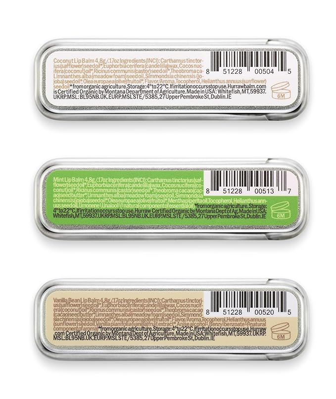 Hurraw! Coconut, Mint, Vanilla Lip Balm Slim Slider Tins, 3 Pack Bundle: Organic, Certified Vegan, Cruelty and Gluten Free. Non-GMO, All Natural Ingredients. Bee, Shea, Soy and Palm Free. Made in USA