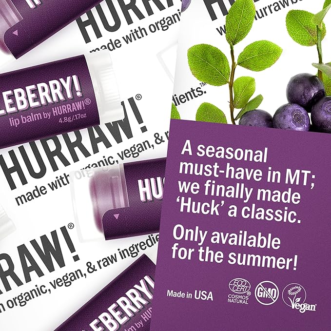 Hurraw! Huckleberry Lip Balm: Organic, Certified Vegan, Cruelty and Gluten Free. Non-GMO, 100% Natural Ingredients. Bee, Shea, Soy and Palm Free. Made in USA