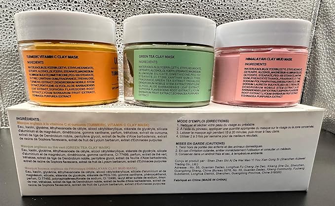 3-in-1 Clay Mask Set for Face | Green Tea, Turmeric Vitamin C & Himalayan Pink Clay | Deep Cleansing, Pore Refining, Moisturizing Facial Mask Kit (3.5oz Each) + Silicone Brush