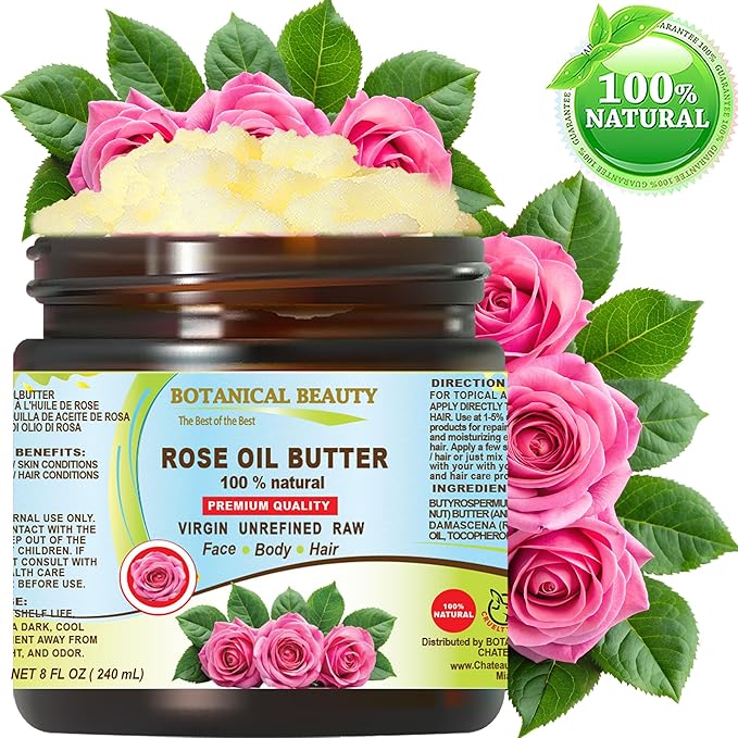 Botanical Beauty ROSE OIL BUTTER 100% Natural Rose Essential Oil in Shea Nut Butter for FACE SKIN BODY HAIR NAILS Beauty Skin Moisturizer Oil Butter Skin Nourishing (8 Fl Oz 240 ml)