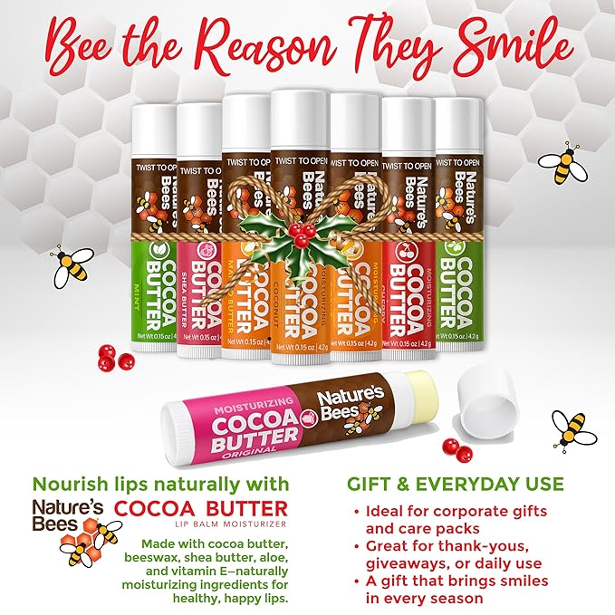 Nature's Bees, Cocoa Butter Lip Balms, Lip Moisturizer Treatment - Pack of 72, (Original Variety Assortments - Original, Olive Oil, Mango Butter, Shea Butter)