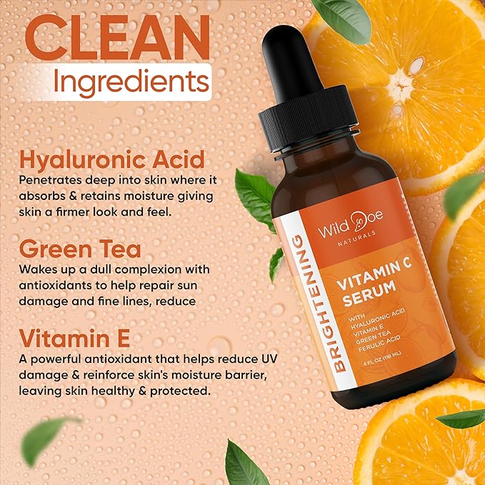 Vitamin C Serum for Face with Hyaluronic Acid - Firming Anti Aging Serum, Pore Minimizer, Acne Scars and Dark Spot Remover for Face - Vitamin C facial serum + Ferulic Acid, Vitamin E, Green Tea -4 oz