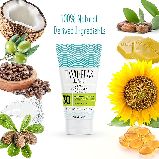 Two Peas Organics Mineral Sunscreen SPF 30 Lotion, Non-Nano Zinc, Reef Safe, Baby & Family Sensitive Skin, Water-Resistant 80 Min, Unscented, Organic & Cruelty Free, 3 oz Twin Pack