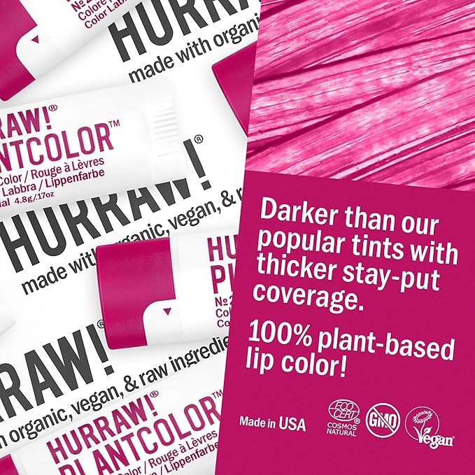 Hurraw! Plantcolor Lip Color No. 2: Red/Purple shade. Highly pigmented tinted balm and lipstick alternative. Vegan and all-natural. Easy application. Buildable. First of its kind. Made in USA