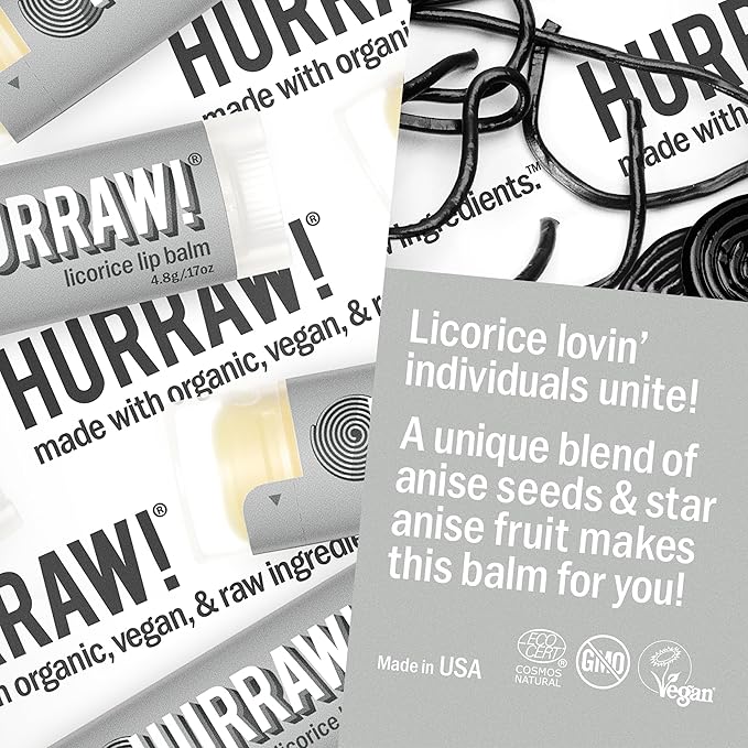 Hurraw! Almond, Coconut, Licorice Lip Balms, 3 Pack Bundle: Organic, Certified Vegan, Cruelty and Gluten Free. Non-GMO, 100% Natural. Bee, Shea, Soy & Palm Free. Made in USA