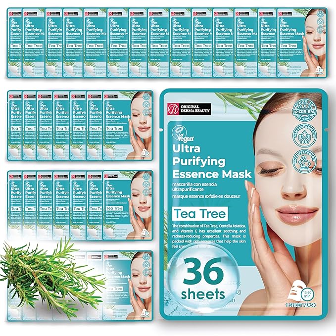 Innerest Original Derma Beauty Collagen Face Masks 36 PK Vegan Ultra Moisturizing Face Masks Skincare Sheet Masks Set for Beauty & Personal Care Korean Face Mask (Tea tree)