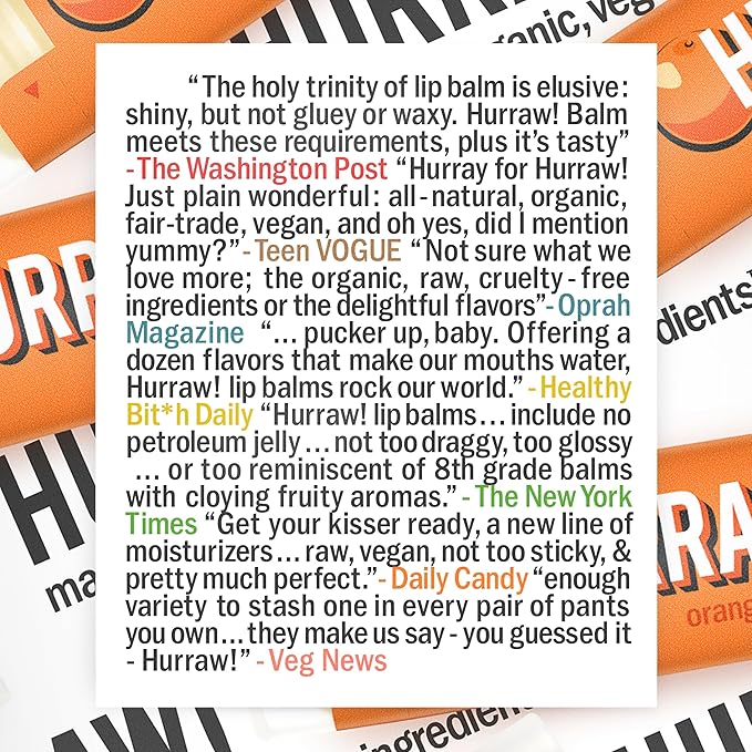 Hurraw! Orange Lip Balm: Organic, Certified Vegan, Cruelty and Gluten Free. Non-GMO, 100% Natural Ingredients. Bee, Shea, Soy and Palm Free. Made in USA